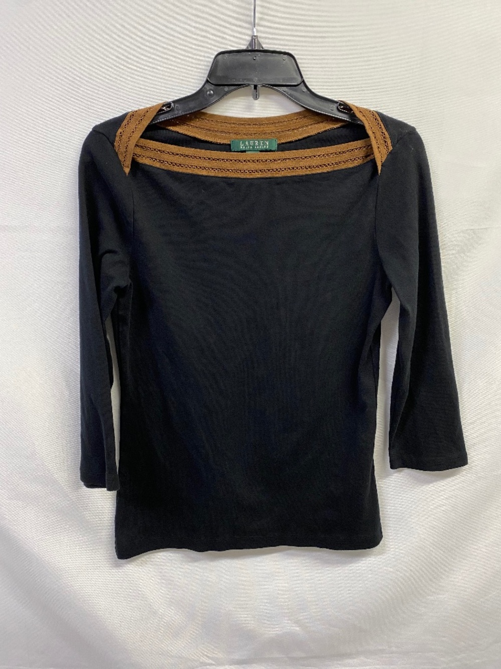 Lauren Ralph Lauren Women's Black 3/4 Sleeves Boat Neck Tan Lace Trim Shirt M